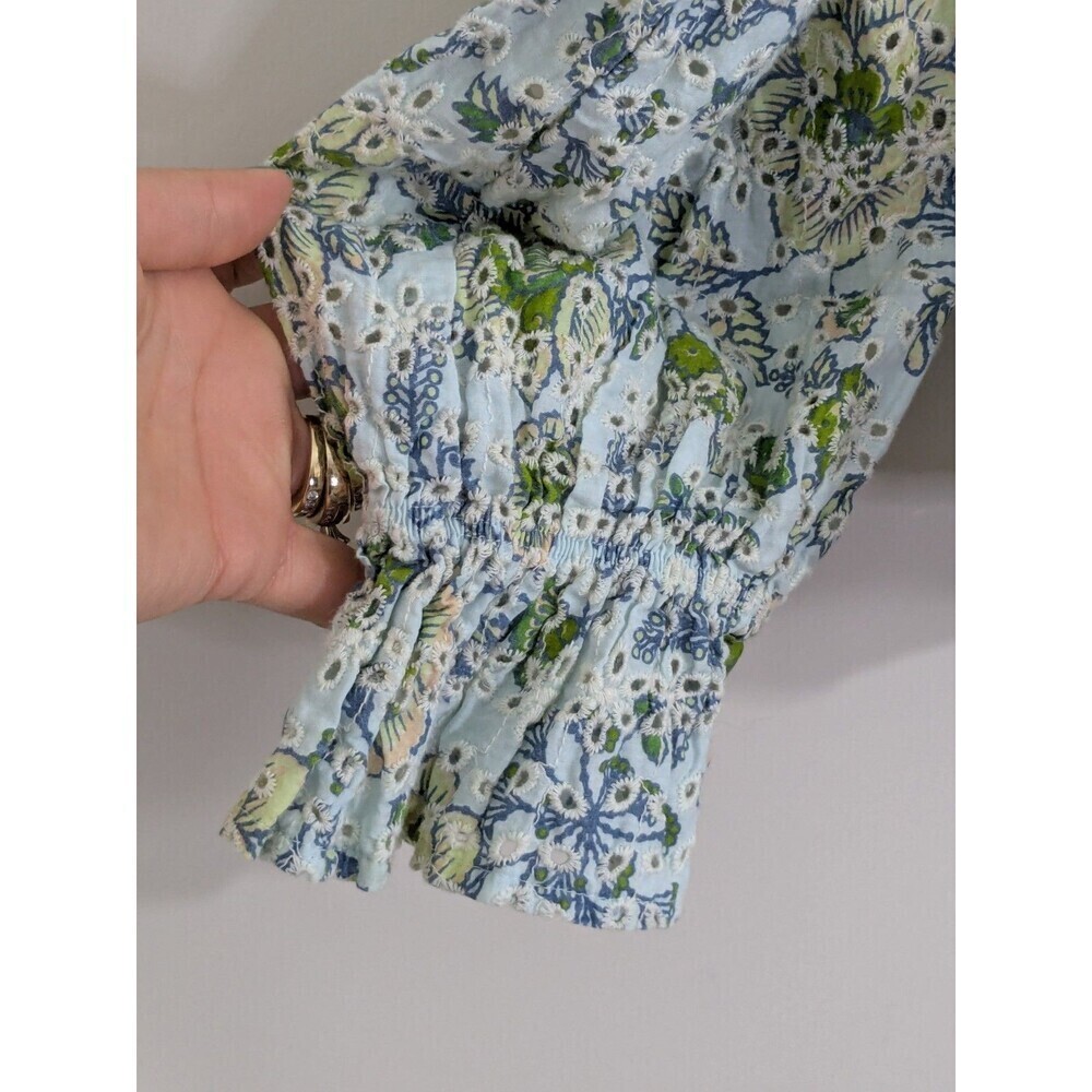 7 For All Mankind Eyelet Peplum Button Front Blouse Floral Romantic Peasant XS - Picture 6 of 9